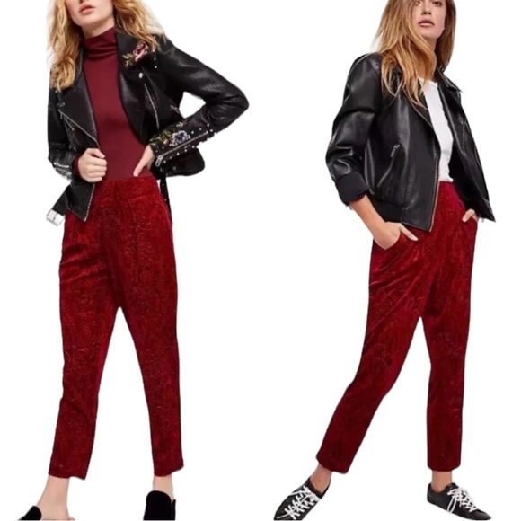 Free People Pants - Free People Velvet Pull On Pants Size XS Burgundy Red Embossed Paisley Print